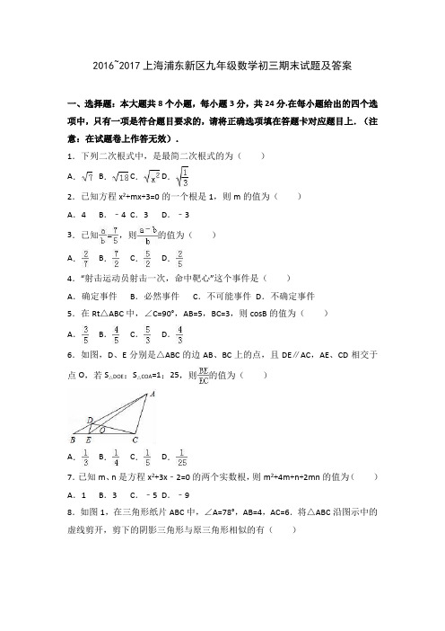 2016~2017上海浦东新区九年级数学初三期末试题及答案