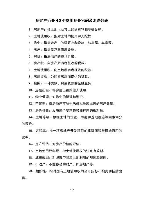 房地产行业40个常用专业名词及术语列表