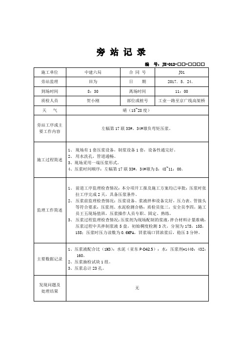 11、监理旁站记录(桥面负弯矩压浆样表 )