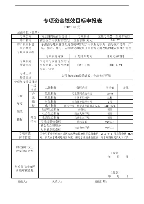 专项资金绩效目标申报表