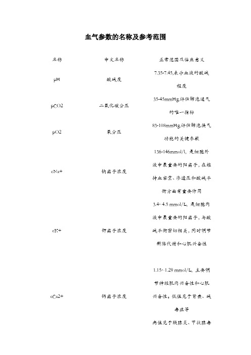 血气参数的名称、参考范围、意义