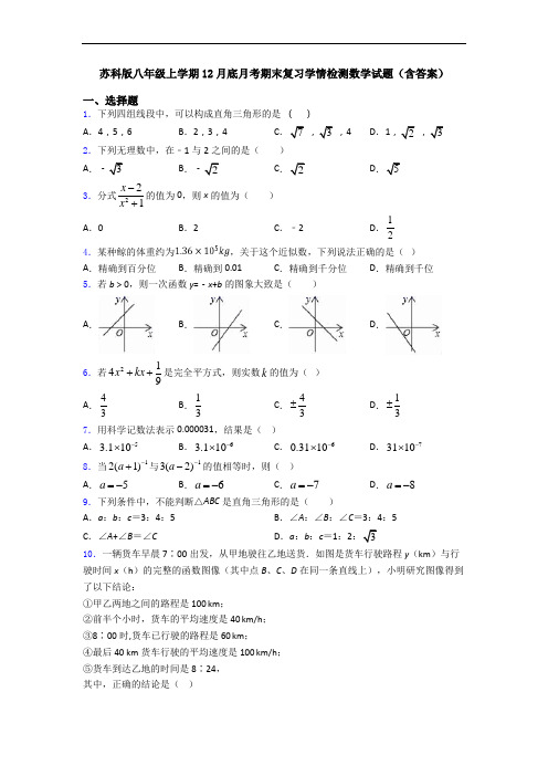 苏科版八年级上学期12月底月考期末复习学情检测数学试题(含答案)