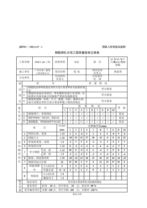 最新资料钢筋绑扎分项工程质量验收表