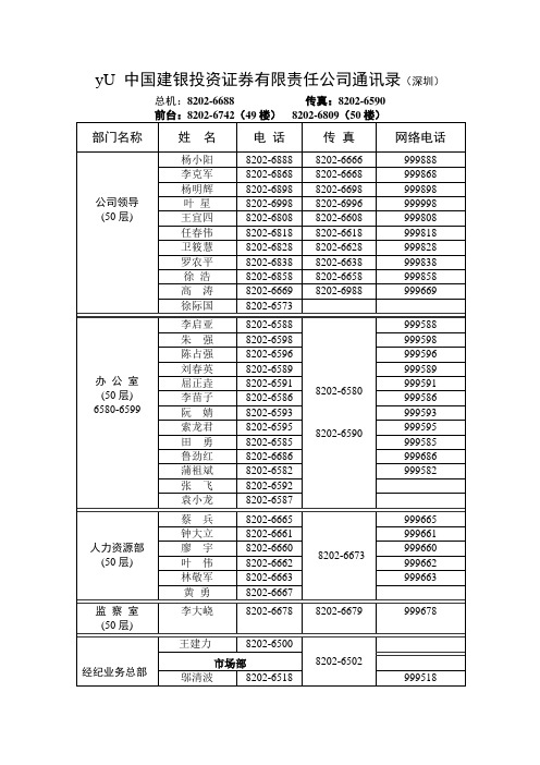 中国建银投资证券有限责任公司通讯录(深圳)