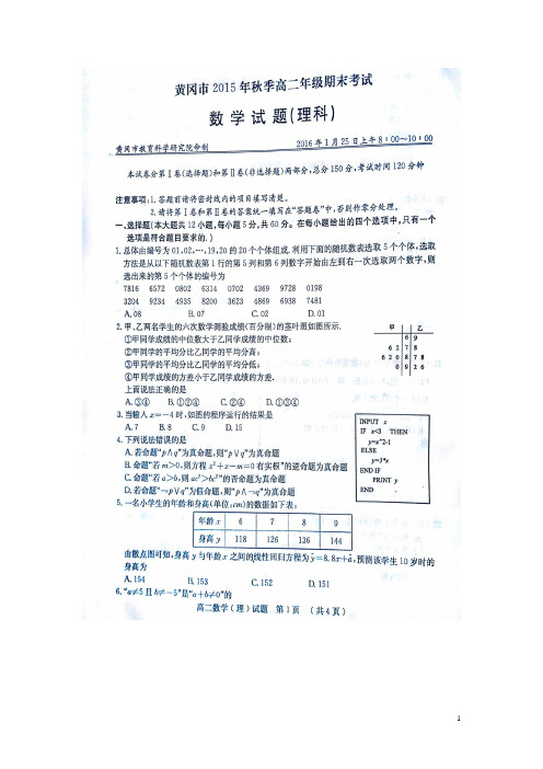 湖北省黄冈市高二数学上学期期末考试试题 理(扫描版)