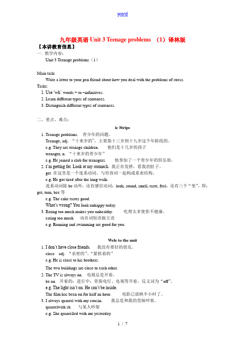 九年级英语Unit 3 Teenage problems (1)译林版知识精讲