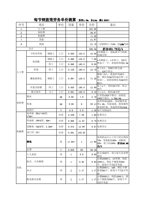 桩基钢筋笼劳务单价测算