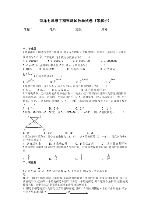 菏泽七年级下期末测试数学试卷(带解析)