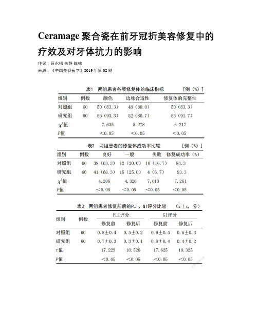 Ceramage聚合瓷在前牙冠折美容修复中的疗效及对牙体抗力的影响