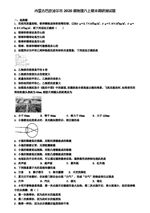 内蒙古巴彦淖尔市2020届物理八上期末调研测试题