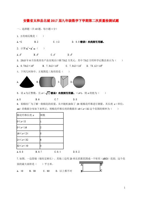 安徽省太和县九年级数学下学期第二次质量检测试题