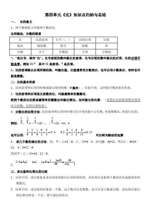 小学六年级 第四单元《比》知识总结