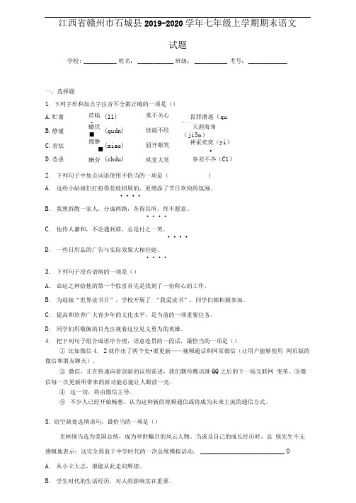 江西省赣州市石城县2019~2020学年七年级上学期期末语文试题