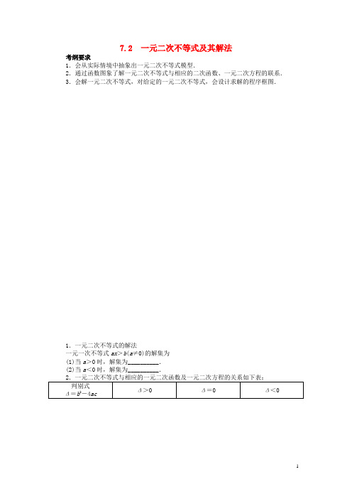 2014届高考数学一轮复习 第七章不等式7.2一元二次不等式及其解法教学案 理