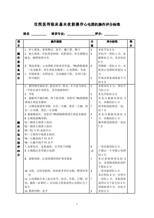 住院医师临床基本技能操作心电图机操作评分标准