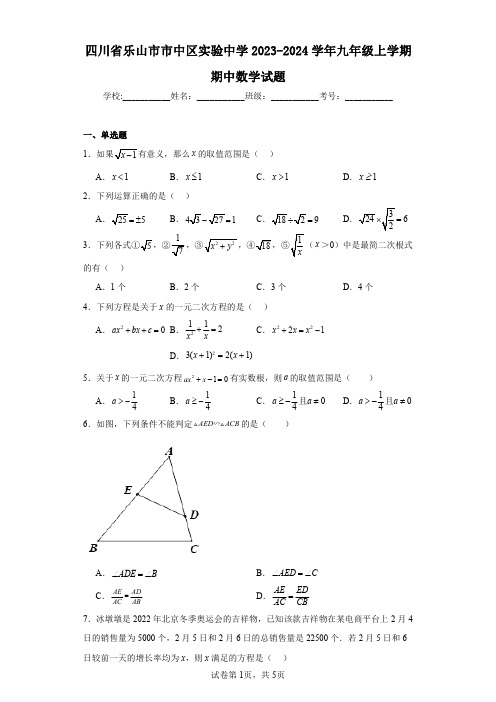 四川省乐山市市中区实验中学2023-2024学年九年级上学期期中数学试题