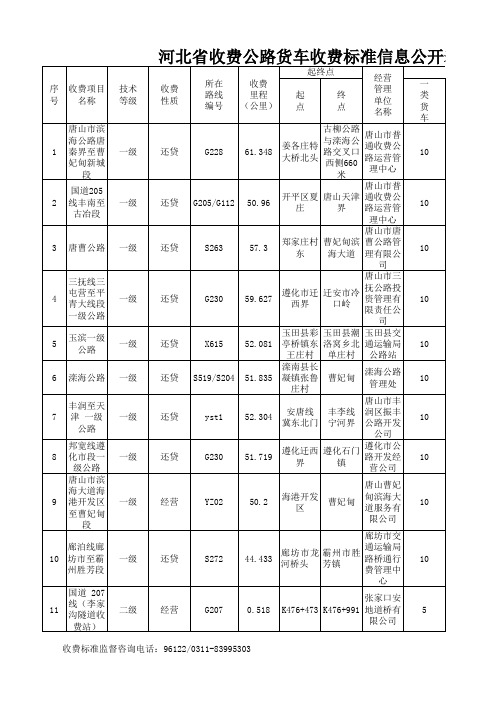 河北省收费公路货车收费标准信息公开表