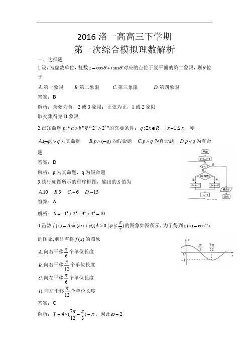 河南省洛阳一高2016届高三下学期第一次综合模拟理科数