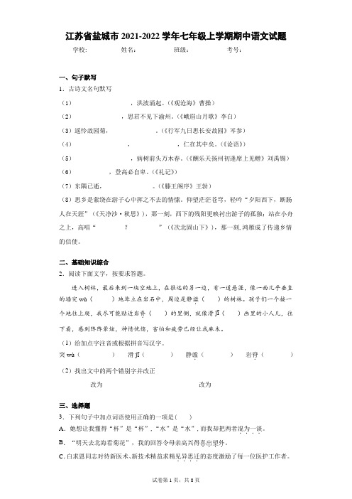 江苏省盐城市2021-2022学年七年级上学期期中语文试题(word版 含答案)