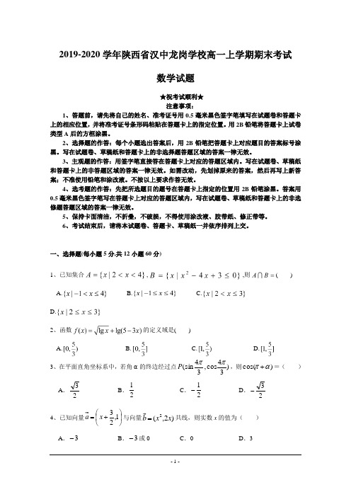 2019-2020学年陕西省汉中龙岗学校高一上学期期末考试数学试题