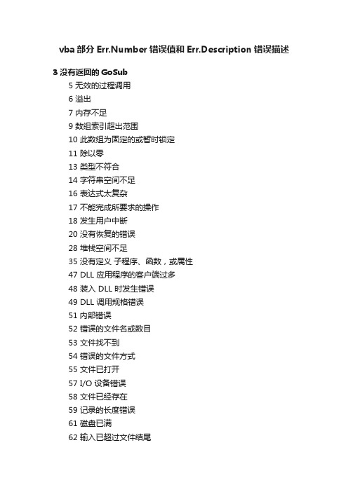 vba部分Err.Number错误值和Err.Description错误描述