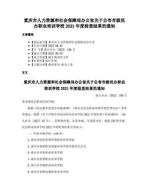 重庆市人力资源和社会保障局办公室关于公布市级民办职业培训学校2021年度检查结果的通知