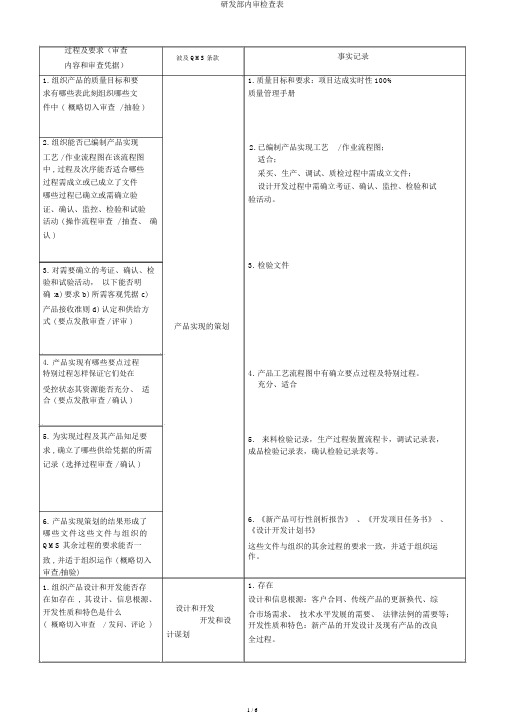 研发部内审检查表