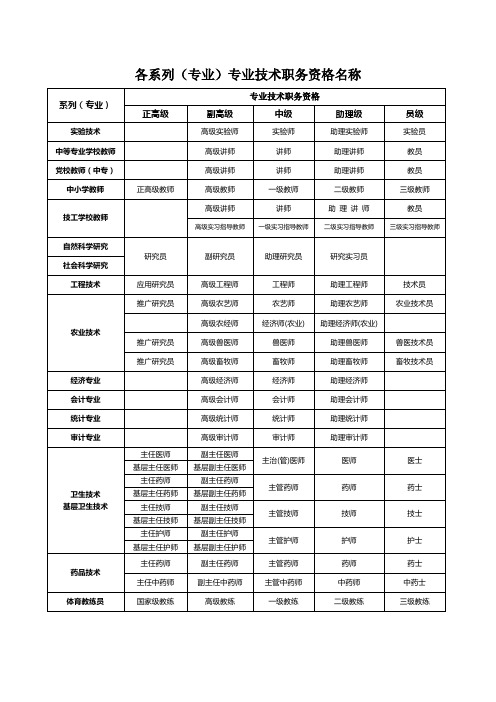 各系列(专业)专业技术职务资格名称