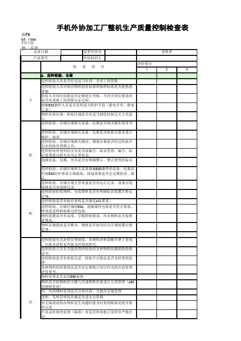 手机外协加工厂整机生产质量控制检查表