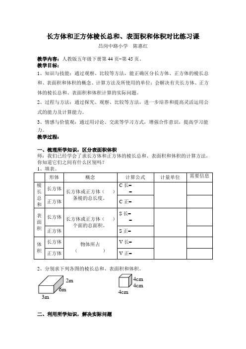 数学人教版五年级下册长正方体棱长总和、表面积和体积的对比练习