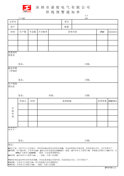 电气有限公司停线预警通知单