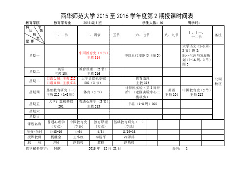 西华师范大学2015至2016学年度第2期授课时间表