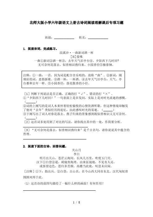 北师大版小学六年级语文上册古诗词阅读理解课后专项习题