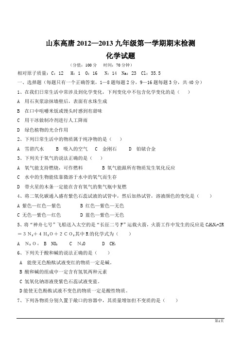 山东高唐12-13学年九年级上期末试题--化学.doc