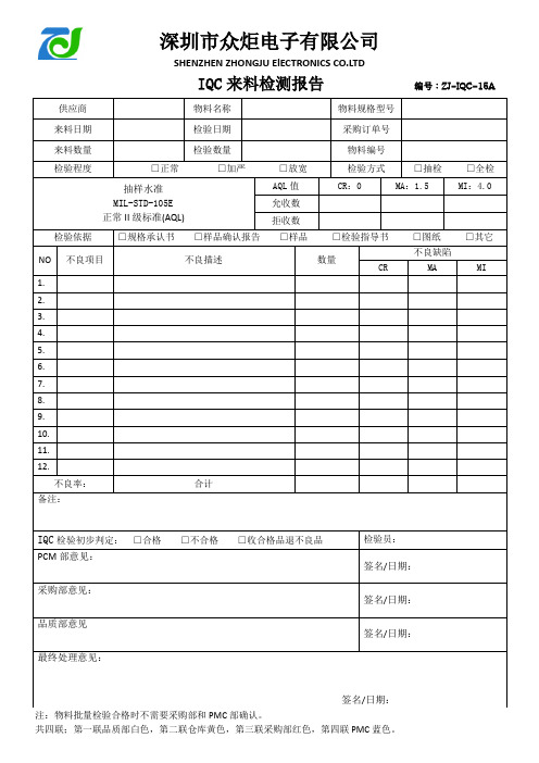 IQC来料检测报告表模板