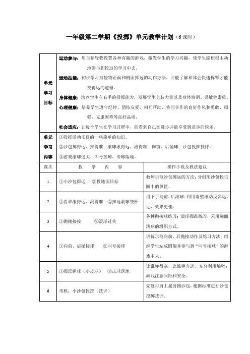 小学体育一年级第二学期《投掷》单元教学计划