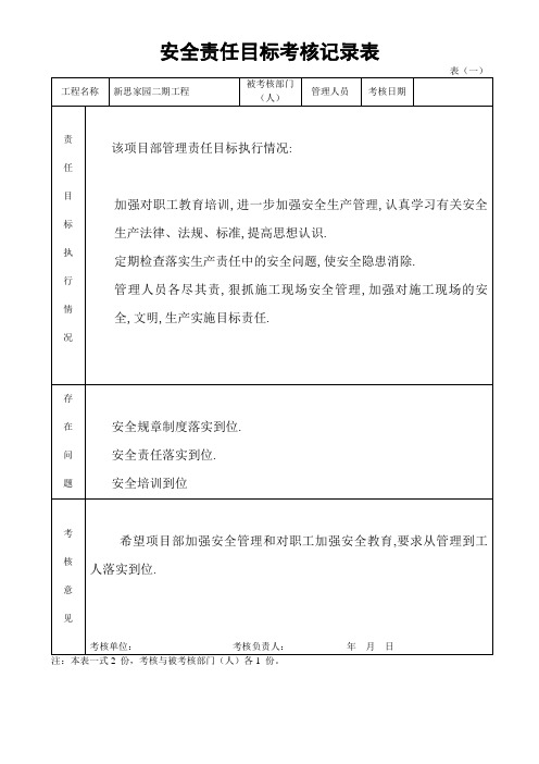 安全责任目标考核记录表