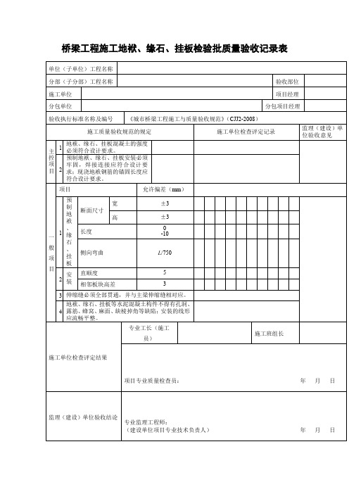 桥梁工程施工地袱、缘石、挂板检验批质量验收记录表