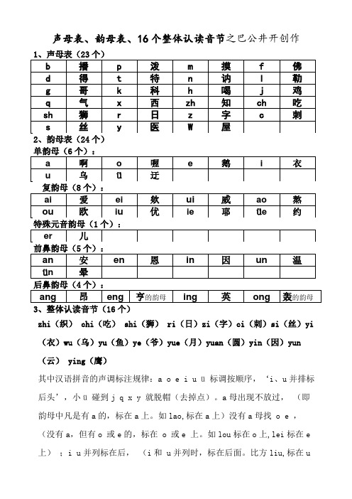 声母表,韵母表,16个整体认读音节-16个整体认读表