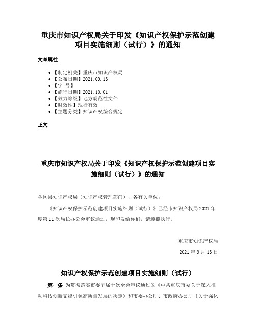 重庆市知识产权局关于印发《知识产权保护示范创建项目实施细则（试行）》的通知