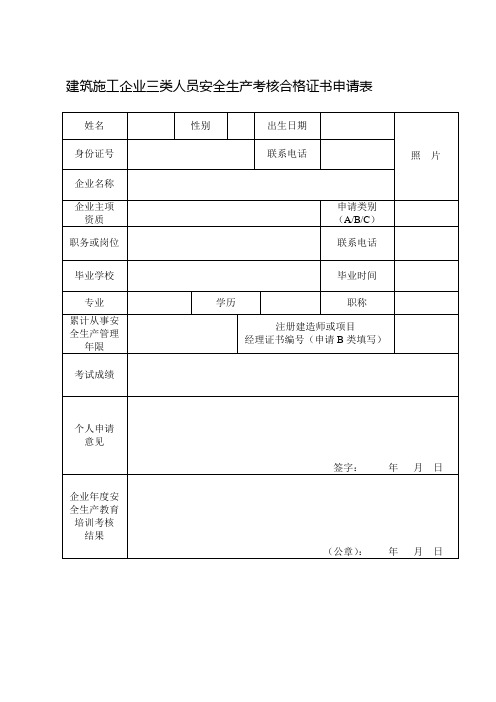 建筑施工企业三类人员安全生产考核合格证书申请表