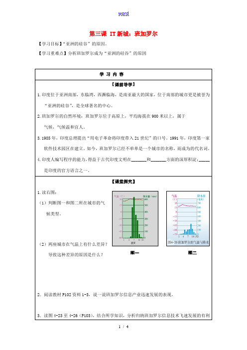 七年级历史与社会上册 第四单元 文明中心—城市 第三课 IT新城：班加罗尔学案 新人教版-新人教版初