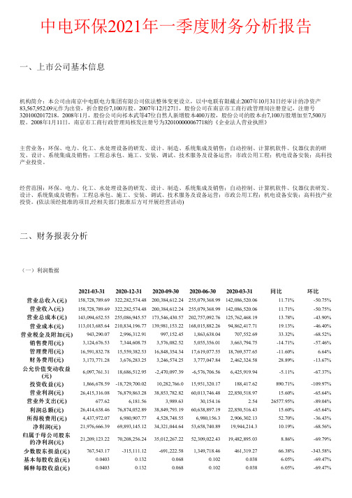 中电环保2021年一季度财务分析报告