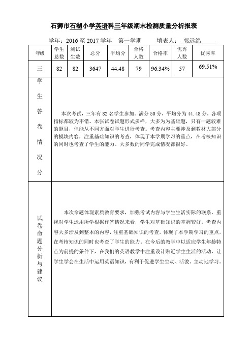 小学英语科三上期末检测质量分析报表