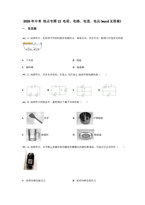 2020年中考 热点专题12 电荷、电路、电流、电压(word无答案)
