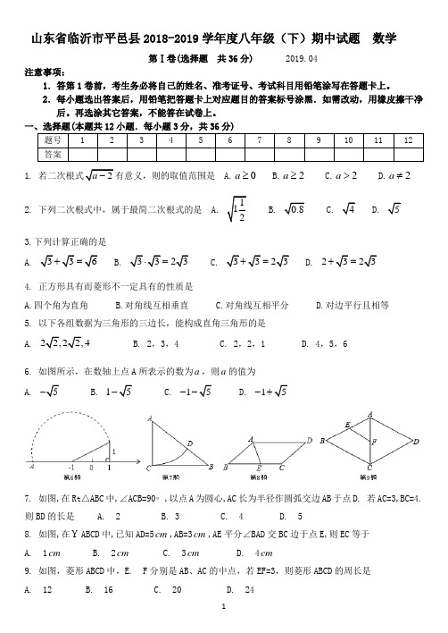 山东省临沂市平邑县2018--2019学年度八年级下学期期中数学试题