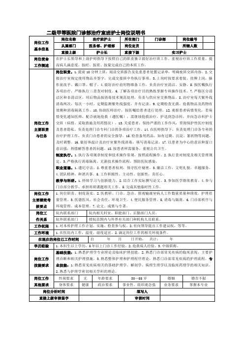 二级甲等医院门诊部治疗室班护士岗位说明书