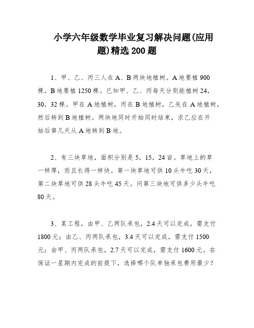 小学六年级数学毕业复习解决问题(应用题)精选200题