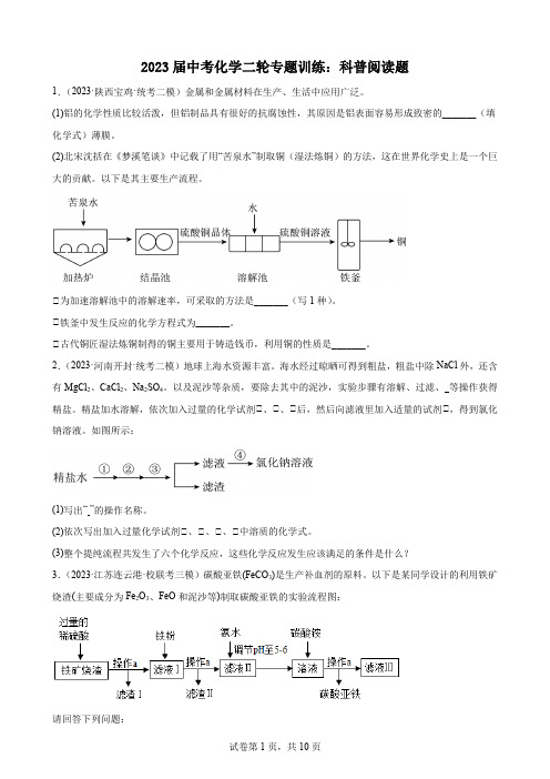 2023年中考化学二轮专题训练：科普阅读题