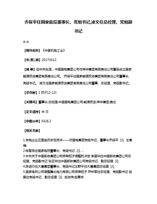 乔保平任国家能投董事长、党组书记,凌文任总经理、党组副书记